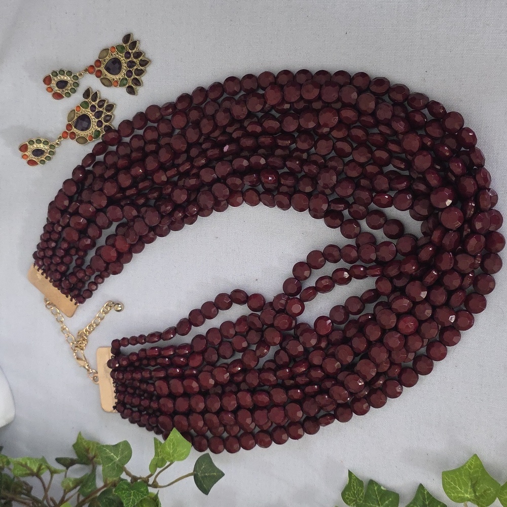 Burgundy Multi Strand Faceted Acrylic Bead Necklace and Earrings Set - Picture 3 of 15